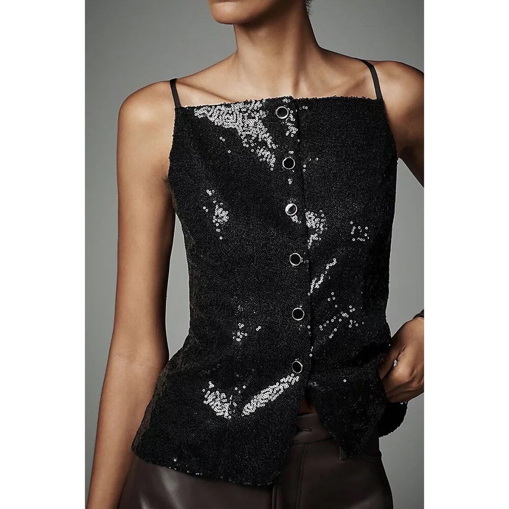 Anthropologie Sunday in Brooklyn Black Sequin Camisole Square Neck Tank Top Lg